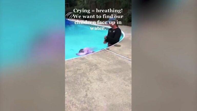 The swimming coach threw the baby into the pool and did it on video