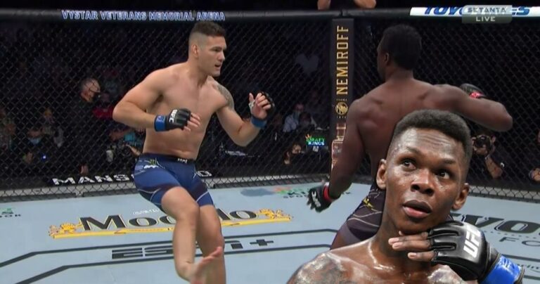 Video: Israel Adesanya’s reaction to Weidman’s leg fracture in Hall’s fight