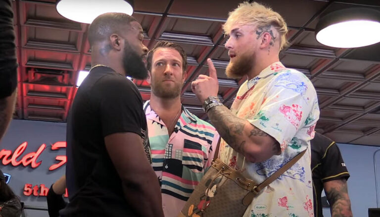 Jake Paul, Tyron Woodley trade verbal jabs during first faceoff