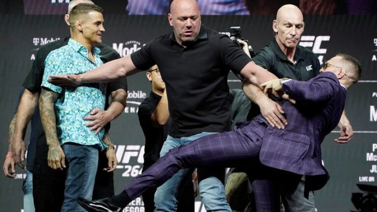 Conor McGregor throws kick at Dustin Poirier during faceoff: Video