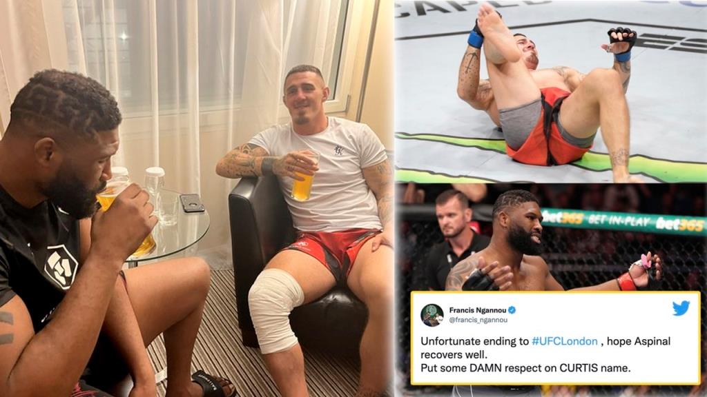 Professional fighters reacted after Tom Aspinall suffer a catastrophic knee injury in Round 1 against Curtis Blaydes at UFC London