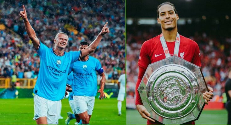 Virgil van Dijk offers advice to Manchester City striker Erling Haaland after missing chances in Community Shield defeat