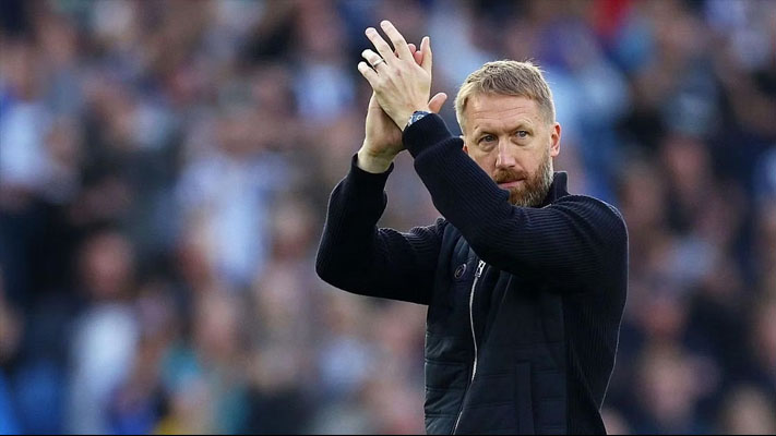 Graham Potter reacts to boos from Brighton fans during Chelsea’s 4-1 loss