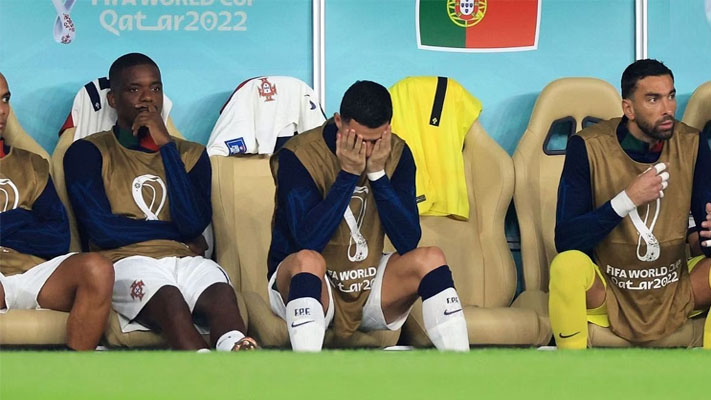 Portugal captain Cristiano Ronaldo’s reaction from the bench pictured as Portugal concede goal against Morocco in FIFA World Cup QF after goalkeeping howler