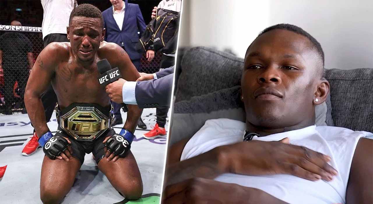 Check out how Israel Adesanya gets emotional watching Jamahal Hill becoming new LHW champion and reacts to Glover Teixeira's retirement