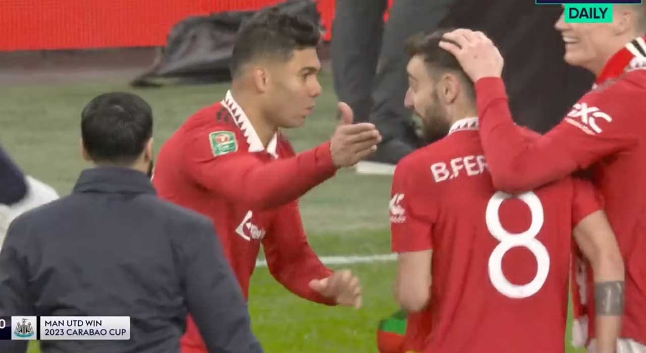 Casemiro was seen having a go at Bruno Fernandes despite winning the Carabao Cup final with Manchester United