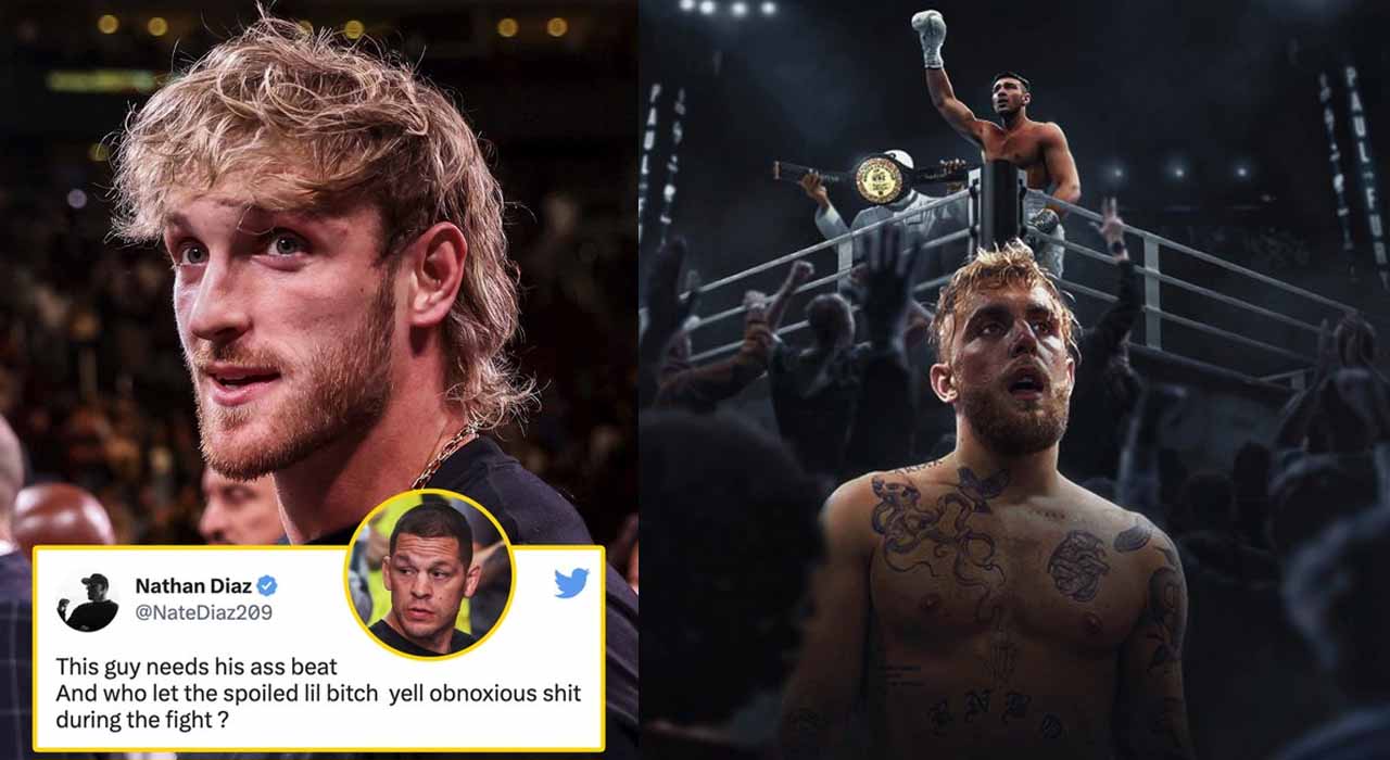Nate Diaz reacts to comments from Logan Paul at Jake Paul vs. Tommy Fury boxing match