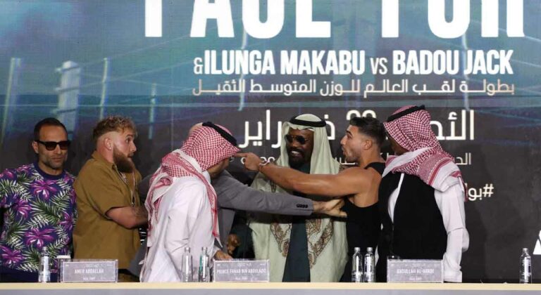 Take a look how Jake Paul and Tommy Fury aggressively shake hands on ‘all or nothing’ deal during their press conference
