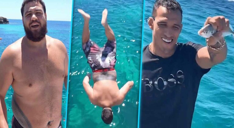 Take a look how Tai Tuivasa backflips off a boat while fishing with Charles Oliveira