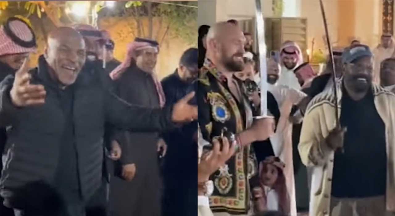 Video about how Mike Tyson and Tyson Fury dance with Saudi Arabian princes and wield swords in Diriyah