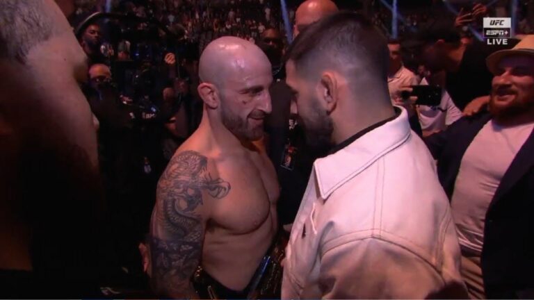 Alexander Volkanovski exchanges words with Ilia Topuria after after demolishing Yair Rodriguez at UFC 290 [VIDEO]