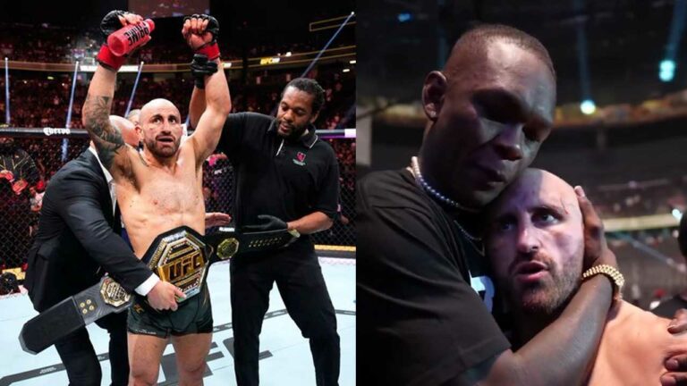 Check out how Israel Adesanya bows down as he declares Alexander Volkanovski the “greatest of all time” as the pair embrace at UFC 290