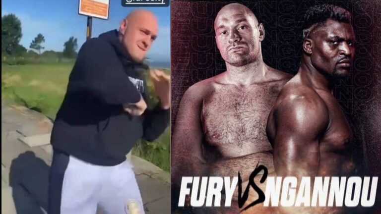 Tyson Fury throwing a knee, an elbow and a headbutt while shadowboxing in the street this morning ahead of a rumoured fight vs Francis Ngannou