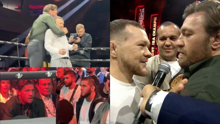 Conor McGregor sits in the ring opposite Islam Makhachev and Faces Off with Petr Yan at a boxing event in Dubai