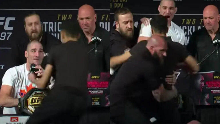Check out how ‘Savage’ fan storms the stage at UFC 297 Press Conference to shake Sean Strickland’s hand