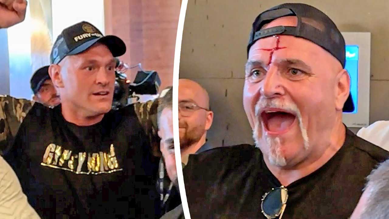 Full, close-up video of John Fury's headbutt clash with Oleksandr Usyk's team which left him suffered today
