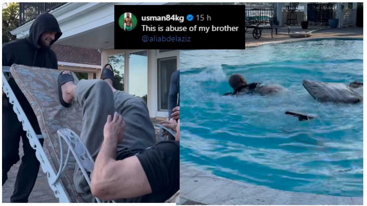 Take a look how Kamaru Usman and fans react to Khabib Nurmagomedov tossing Ali Abdelaziz into pool