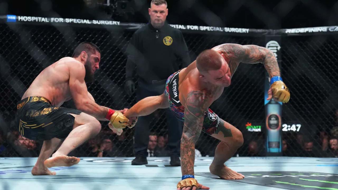 Nate Diaz and Conor McGregor react after Islam Makhachev stops Dustin Poirier at UFC 302