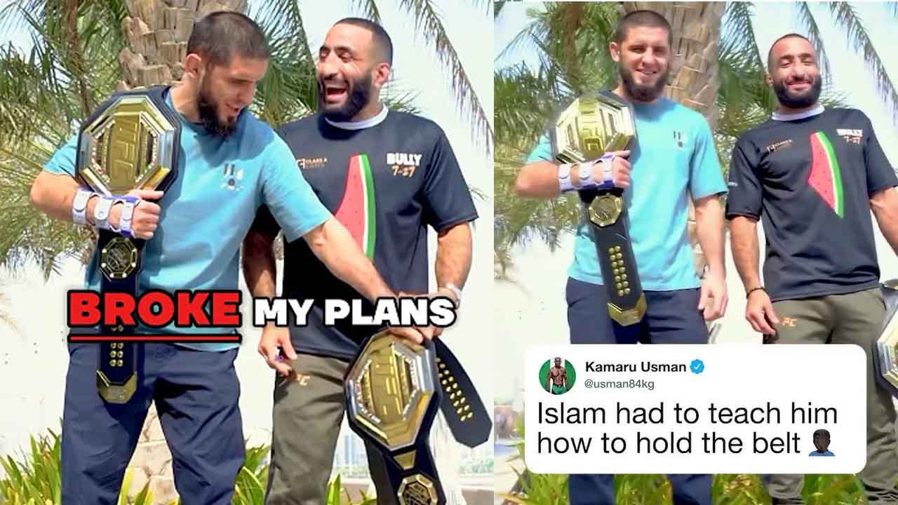 Take a look how Islam Makhachev teaches confused Belal Muhammad how to hold new UFC title