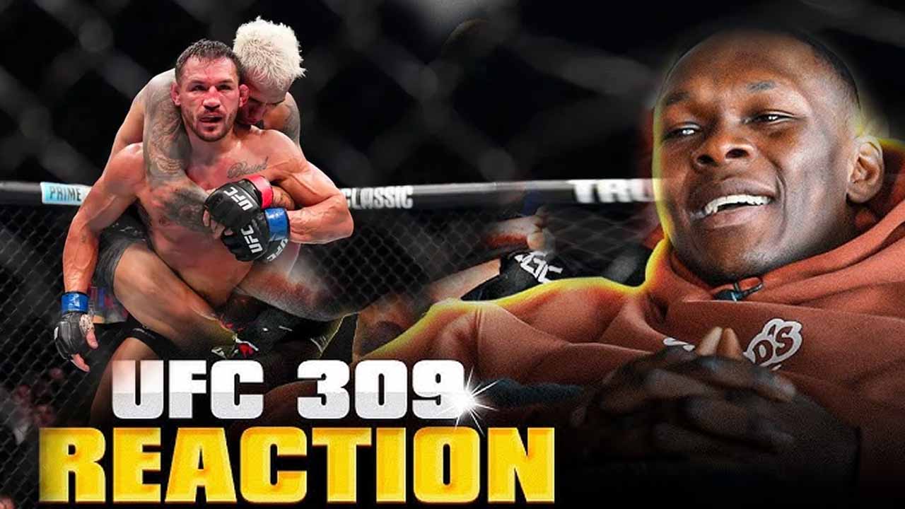 Israel Adesanya shares his crazy reaction to the epic moment of the Charles Oliveira vs Michael Chandler 2 fight during the UFC 309 co-main event