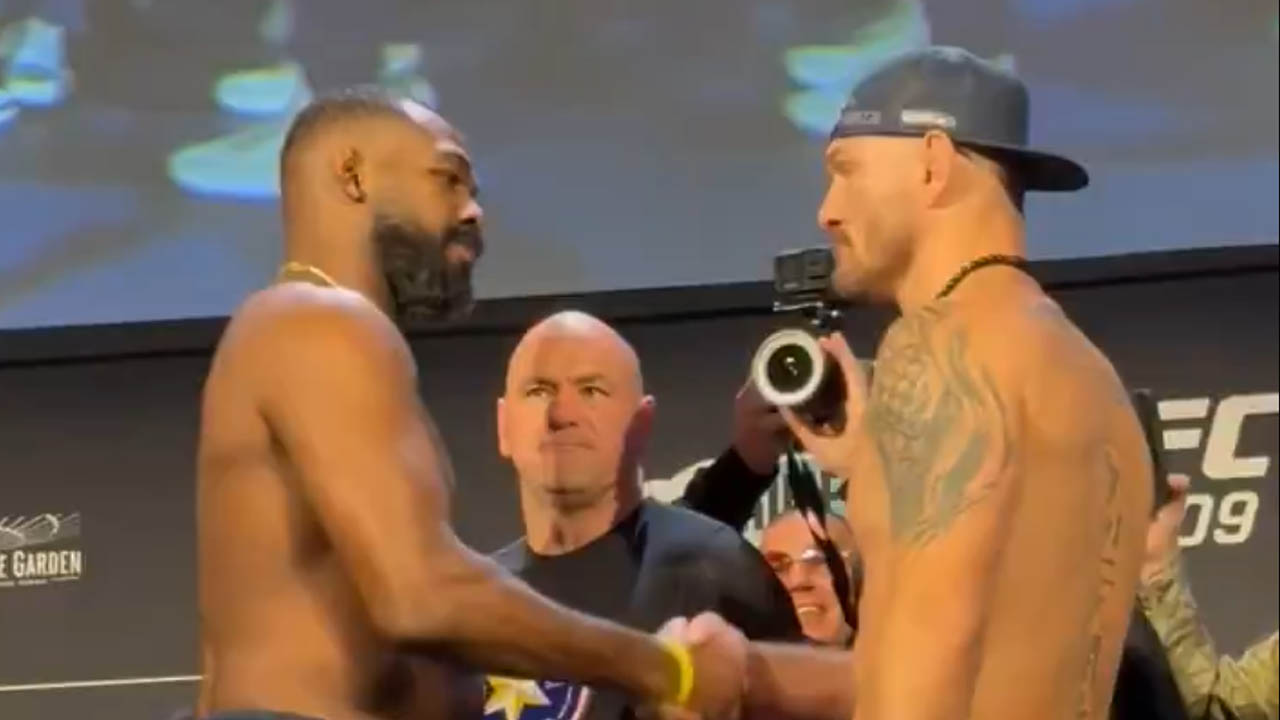 Watch UFC 309 final faceoffs - Jon Jones, Stipe Miocic shake hands, square off for final time