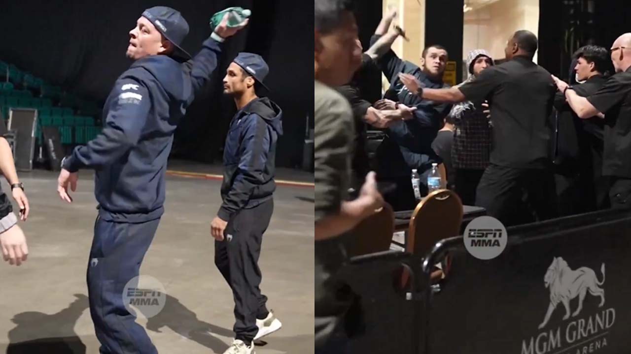 Watch the video of Nate Diaz, Islam Makhachev’s team throw water bottles backstage at UFC 311 press conference